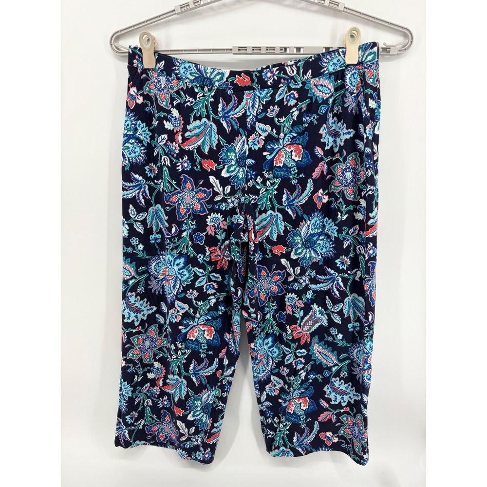 Denim & Co. Womens 2XP Navy Blue Floral Paisley Crop Pants Elastic Waist Pockets